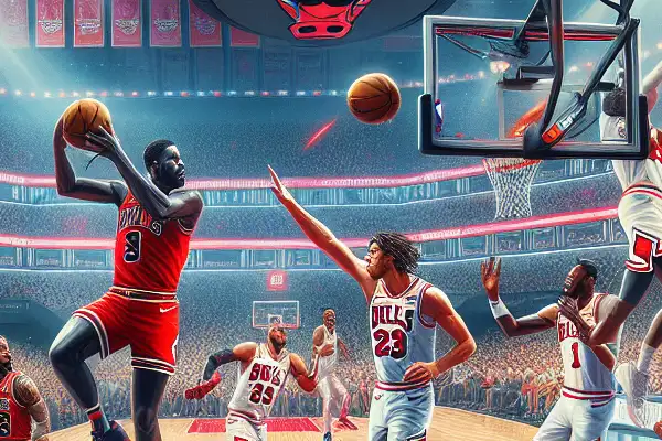 Chicago Bulls players in action on a vibrant court, surrounded by enthusiastic fans in an electrifying arena.