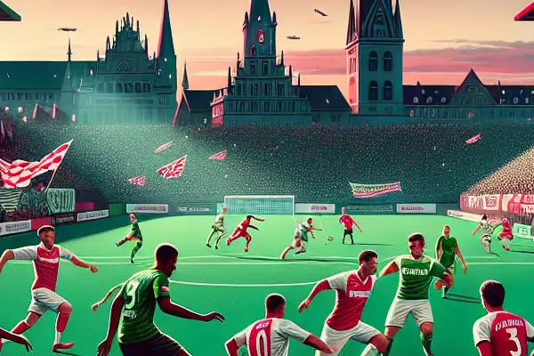 FC Augsburg players in intense match, vibrant stadium, enthusiastic fans, Augsburg skyline backdrop, evening sky.