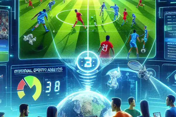 Futuristic digital sports platform with diverse users engaging via screens displaying live events and analytics.