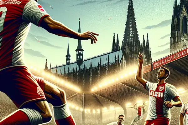 Intense football match scene featuring Köln FC players in action, vibrant fans, and Cologne Cathedral backdrop.
