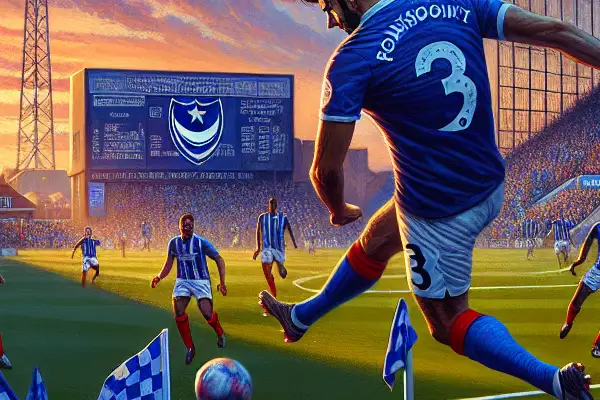 Portsmouth Football Club players in action at Fratton Park, with passionate fans and a vibrant evening atmosphere.