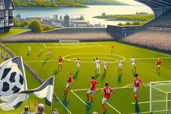 Illustration of Swansea City AFC's journey, featuring fans, players, stadium, Welsh landscape, and future aspirations.