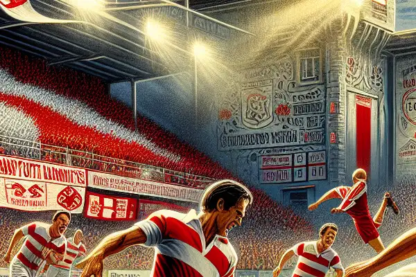 Football match scene featuring Brest Club in action, with fans in red and white, Breton cultural elements.