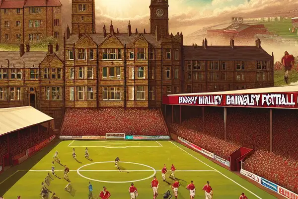 AI-generated image of Barnsley FC's historic stadium, vintage memorabilia, key moments, and diverse fans celebrating its legacy.