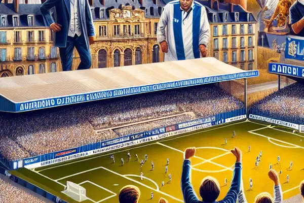 Angers SCO football club celebrated in vibrant cityscape, featuring Raymond Kopa Stadium and enthusiastic fans.