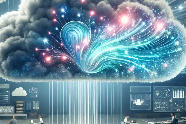 Image depicting cloud computing's transformative impact across education, business, and research in a modern workspace.