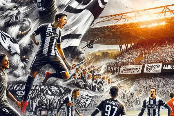 A vibrant football stadium scene with Angers SCO fans and players in dynamic action, celebrating club spirit.
