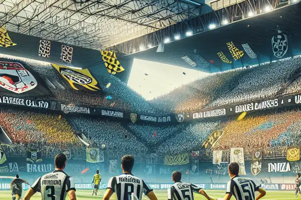 A dynamic football match at Stadio Friuli, featuring Udinese players counterattacking amid passionate fans and vibrant atmosphere.