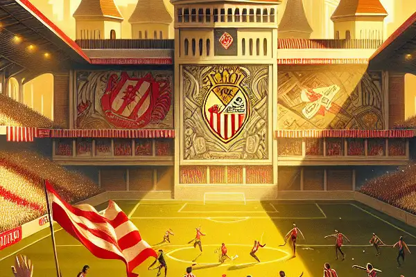 Vibrant football stadium with passionate Rayo Vallecano fans, historic mural, and young players in red-striped jerseys.