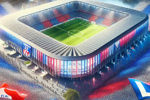 A vibrant match day at Stade de Gerland with passionate Olympique Lyonnais fans against Lyon's cityscape backdrop.