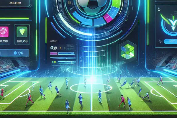 Futuristic sports platform interface with live updates, analytics, betting, streaming, and secure user navigation.