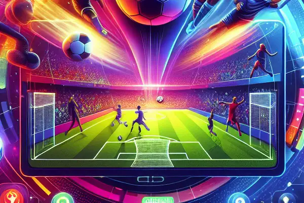 A vibrant digital illustration of an online sports platform interface featuring live sports, interactive elements, and user engagement.