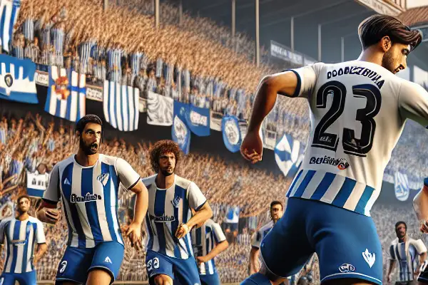 A dynamic football match at Mendizorrotza Stadium with Alavés players in action, fans waving blue and white flags.