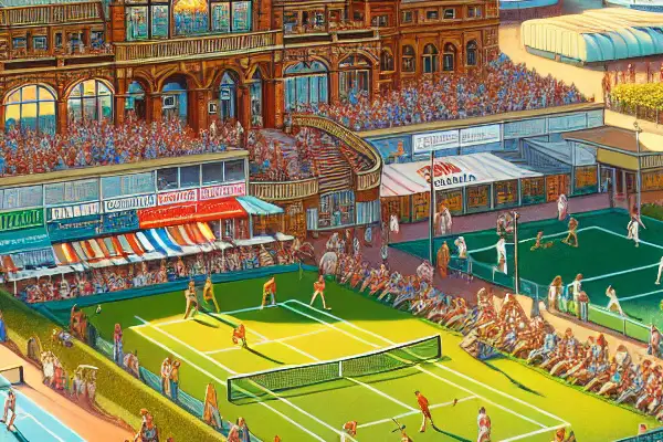 Illustration of Blackpool Club as a vibrant cultural hub with historical architecture, sports activities, and seaside scenery.