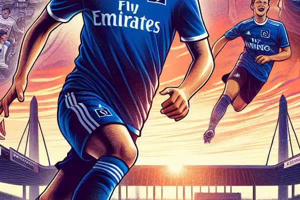 Hamburger SV players train at Volksparkstadion during sunset, symbolizing their rich history and ambitious future.