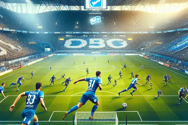 Hoffenheim football match in a vibrant stadium, showcasing dynamic gameplay and passionate fans waving blue and white flags.