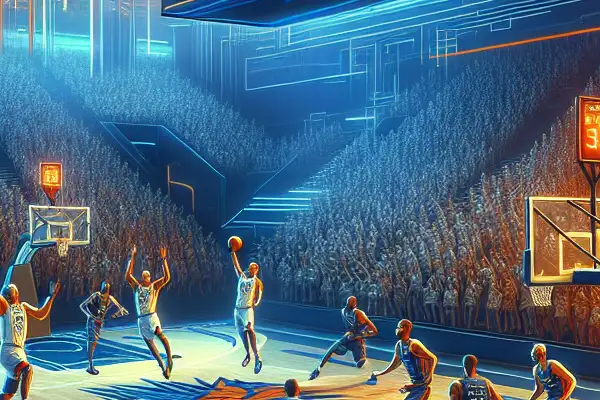 Thunder players in action, showcasing youthful energy and seasoned wisdom in a vibrant basketball arena.