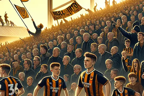 Thrilling Hull City AFC match at Kingston Communications Stadium with passionate fans, young players, and hopeful energy.