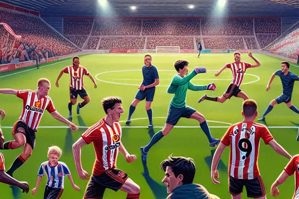 Illustration of Sunderland Football Club match at Stadium of Light, showcasing teamwork, fans, and future ambitions.